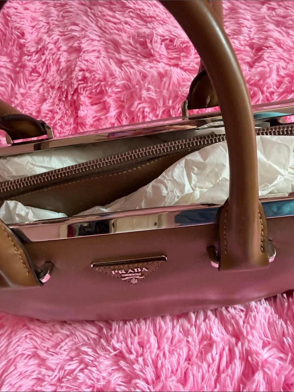 Prada Brown Leather Tote with Silver Logo